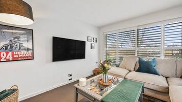 A modern living room with a sofa, a coffee table, a TV, and a window with blinds.