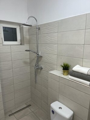 Hair dryer, towels, soap, shampoo