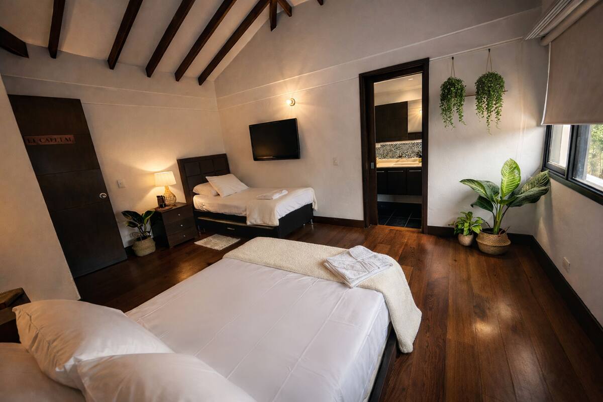 Ein modernes Schlafzimmer mit einem großen Bett, einem kleineren Bett, einem Fernseher, einem Spiegel und einer Topfpflanze.