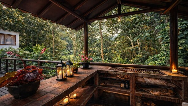 A covered outdoor area with a wooden bench, lanterns, and a potted plant. - Candelaria Campestre (El Carmen de Viboral)