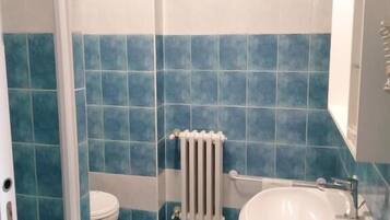 Shower, hair dryer, slippers, towels