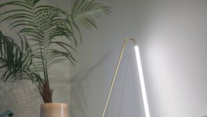 A room with a wooden floor, a large vase with a plant, and a standing lamp with a gold frame. - Stylish Hyde Park Apartment PS2 (London)