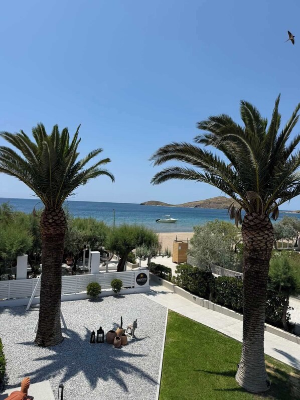 A coastal view with palm trees, a pebble path, and a boat on the water.