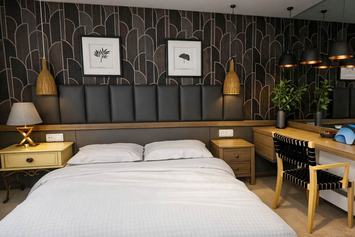 Ein modernes Hotelzimmer mit einem Bett, Nachttischen, einem Schreibtisch und einem Sessel. An den Wänden sind Lampen und gerahmte Kunstwerke angebracht.