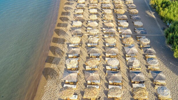 An aerial view of a beach with rows of sun loungers and thatched umbrellas. - PLATY BEACH HOTEL (Lemnos)
