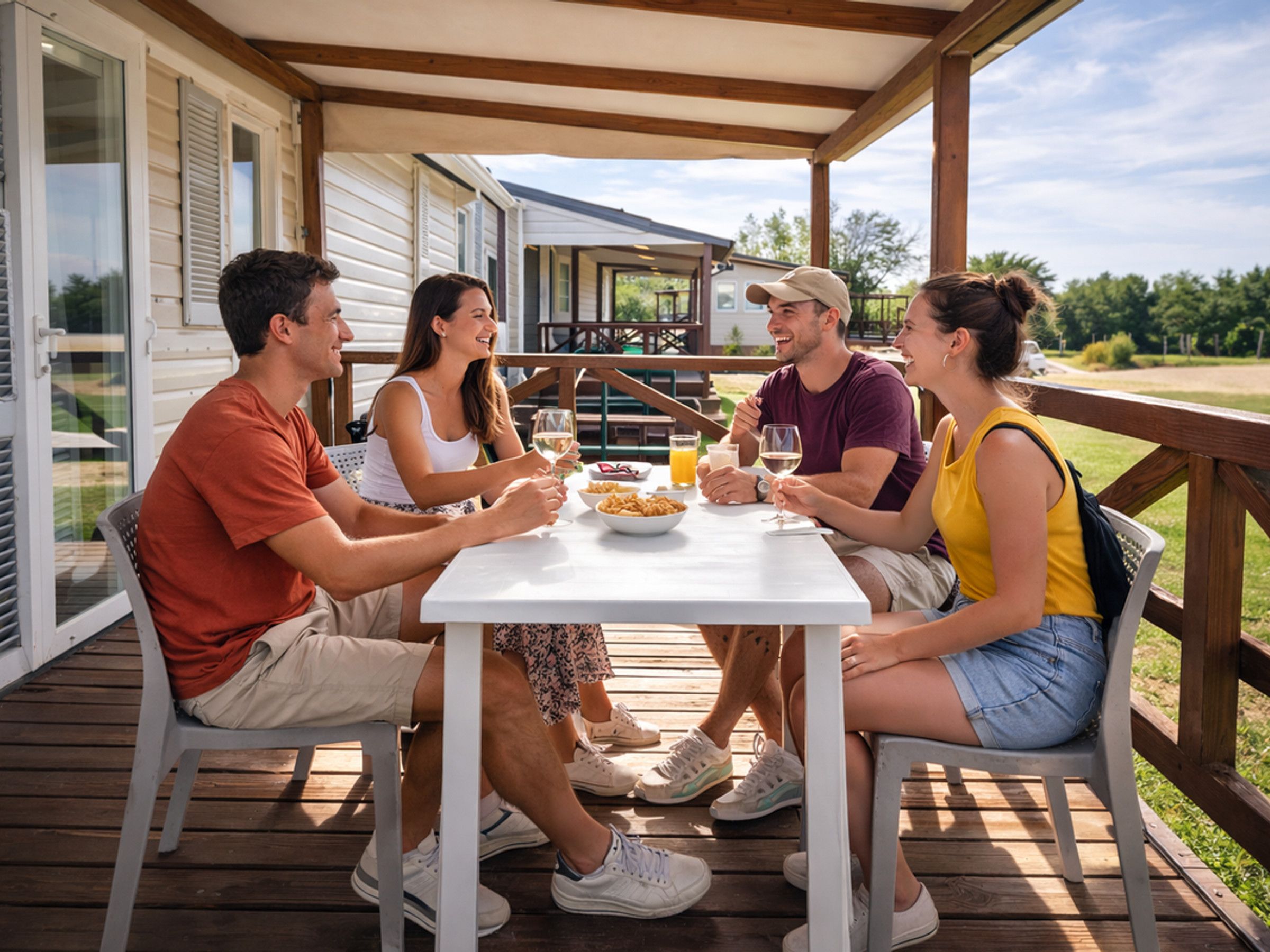 Un groupe de personnes est assis à une table en bois sur une terrasse, avec vue sur une maison et la verdure en arrière-plan.