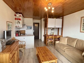 Ein gemütliches Wohnzimmer mit Holzboden, einer Couch, einem Holztisch, einem Essbereich mit Tisch und Stühlen sowie einer Küchenzeile mit Schränken und einer Mikrowelle.