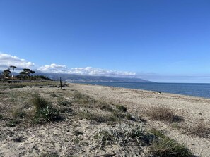 A coastal landscape with a sandy beach, sparse vegetation, and a clear blue sky. - Charming duplex near the sea, 4 guests (Borgo)