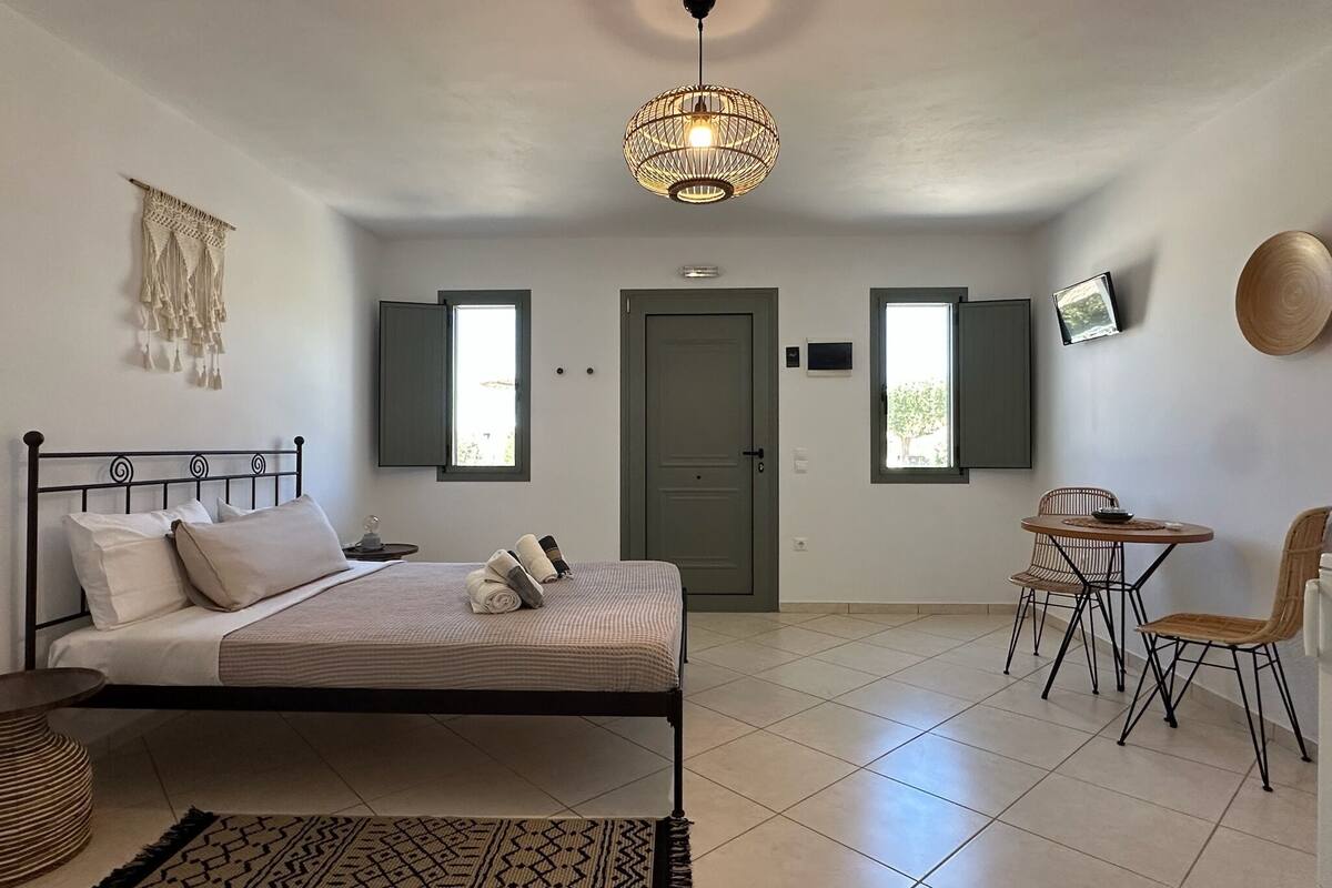 A bedroom with a bed, a desk, two windows, a door, and a hanging light fixture.