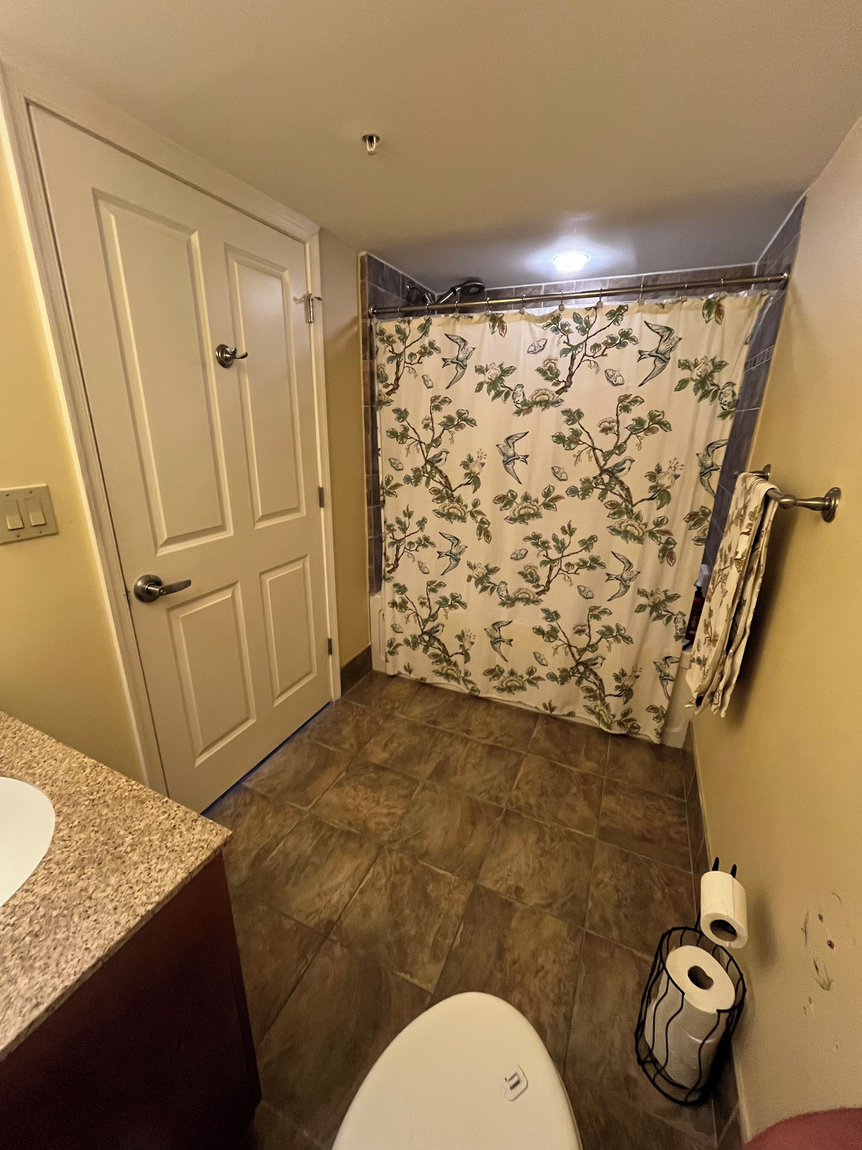 A bathroom with a toilet, a shower curtain with a floral pattern, and a towel rack.