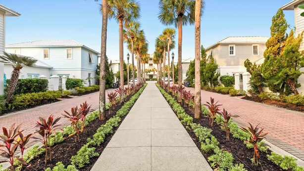 A residential street lined with palm trees and houses. - The Inn at Seacrest Beach Unit 207 (Alys Beach)
