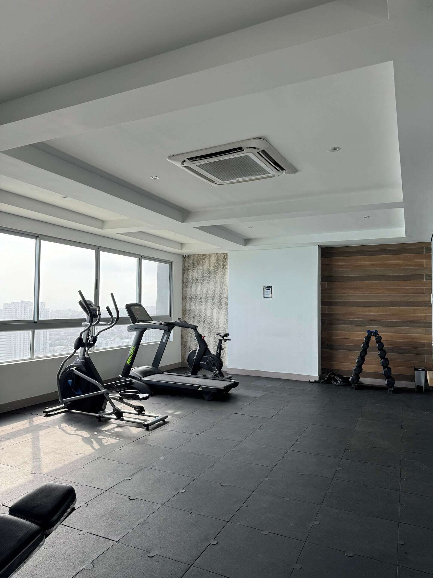 A modern gym with exercise equipment, large windows, and a city view.