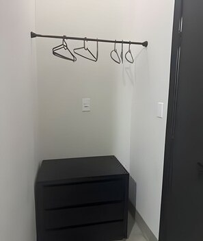 A closet with a black storage unit and a clothing rack with hangers.