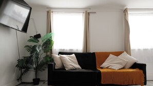 A living room with a black sofa, a large potted plant, a television, and two windows with curtains. - Cozy apartment in the heart of Marylebone. 5 min walk to Baker Street Station! (London)