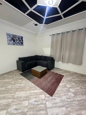 A modern living room with a sectional sofa, a wooden coffee table, and a patterned rug.