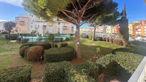 Ein gepflegter Garten mit einem markanten Baum, ordentlich gestutzten Büschen und Blick auf mehrstöckige Gebäude im Hintergrund.