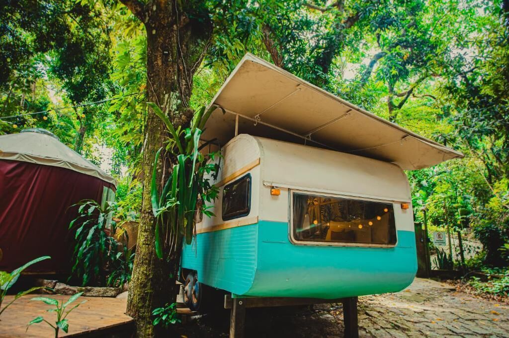 A vintage camper van parked under a tree, surrounded by lush greenery.