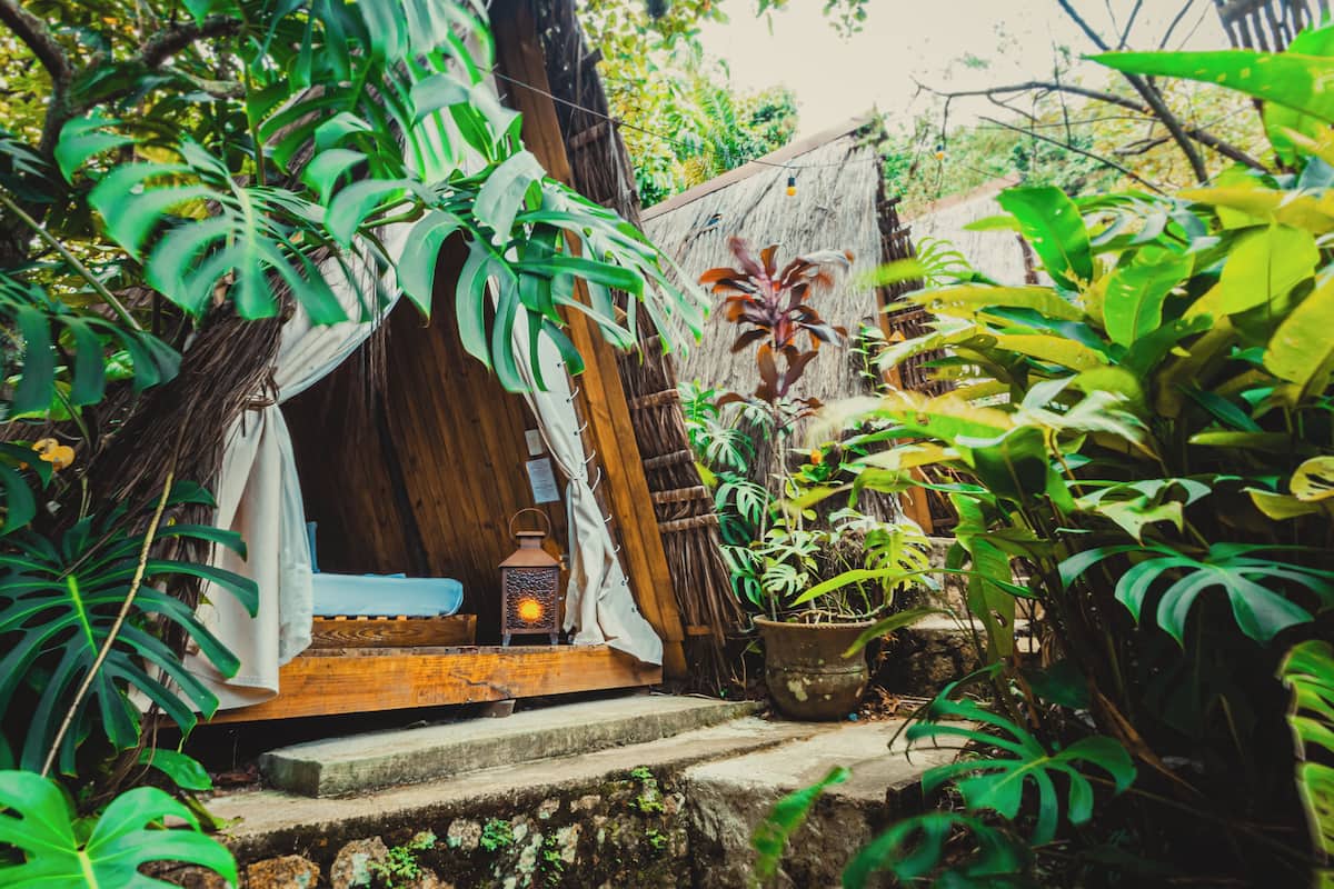 Eine rustikale Holzhütte mit einem Reetdach, umgeben von üppiger tropischer Vegetation.