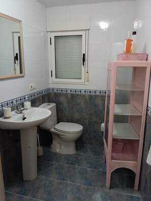 Hair dryer, towels, soap, toilet paper