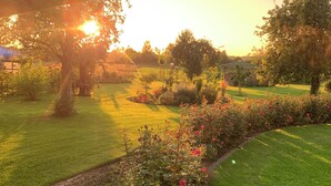 Ein Garten mit einem Weg, einem Gazebo und einer Rasenfläche.