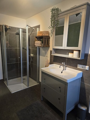 Shower, hair dryer, towels, toilet paper