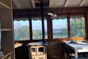 A cozy room with a wood-burning stove, large windows with curtains, and a view of the outdoors. - Farmhouse Tenuta Blueberry - Glicine near Milan-Malpensa (Cascinetta)