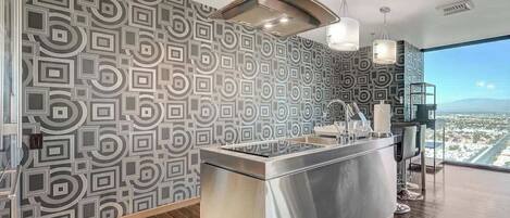 Fridge, microwave, stovetop, coffee/tea maker