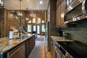 Fridge, microwave, oven, stovetop - Waterfront Hochatown Cabin with Hot Tub, Fishing, Fire Pit & Mountain Views! (Broken Bow)