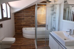 Dusche, Haartrockner, Handtücher, Toilettenpapier
