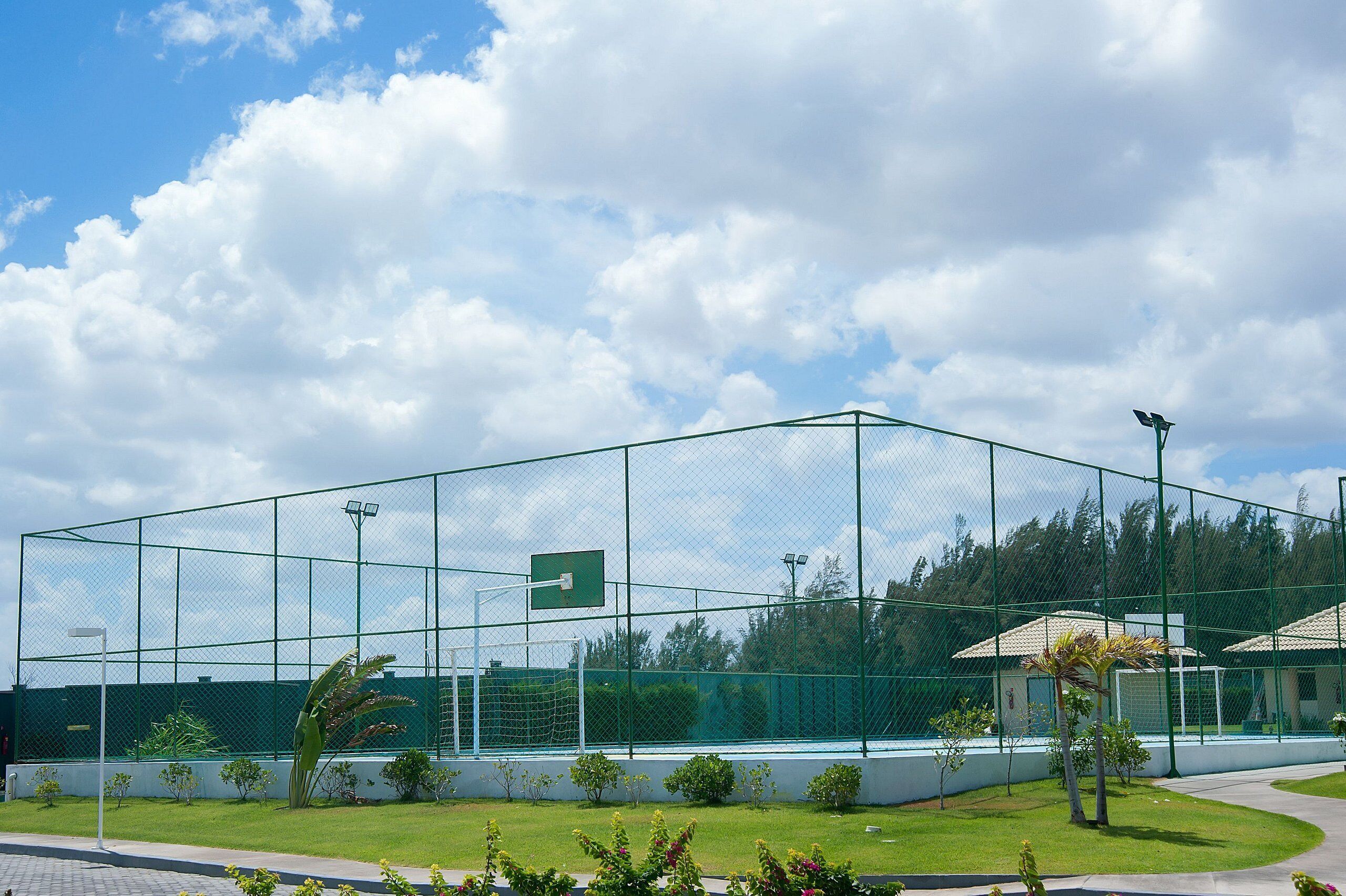 Instalación deportiva cercada con canchas de baloncesto, rodeada de follaje y un cielo despejado.