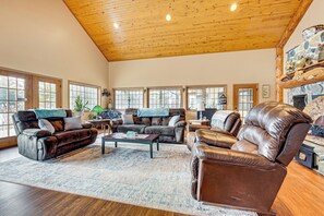 TV, fireplace, books