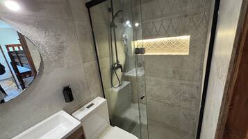 A modern bathroom with a glass-enclosed shower, a white sink, and a toilet.