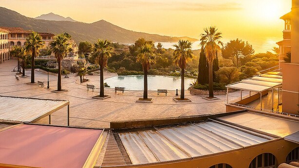 Una terrazza sul tetto con vista su una spiaggia e montagne al tramonto.