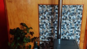 Una habitación con estufa de leña, una planta en maceta y salpicadero de azulejos.