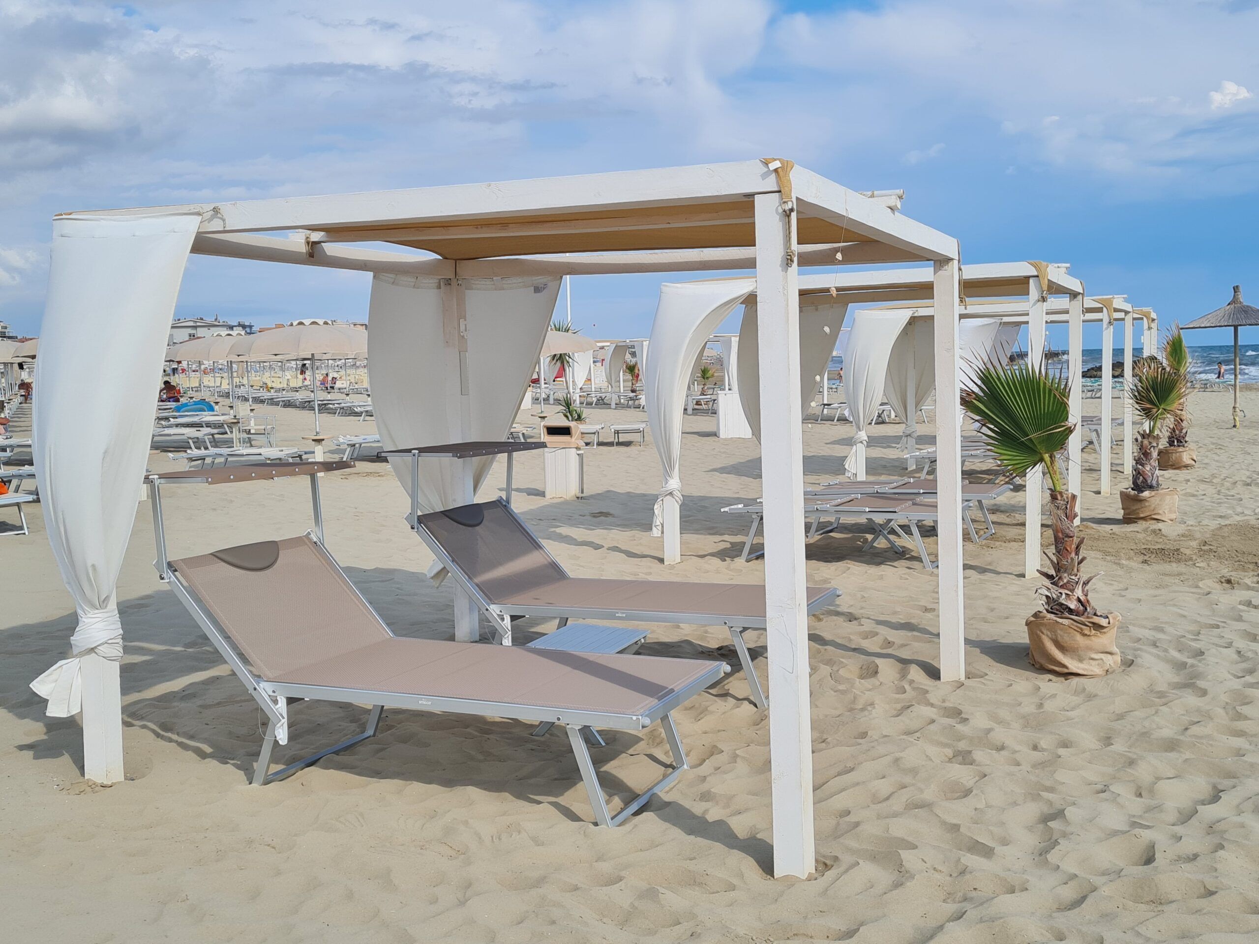 A beach with white sunbeds and umbrellas, some potted plants, and a clear sky.