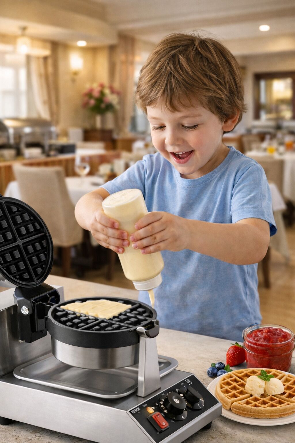 A child pouring batter into a waffle iron.