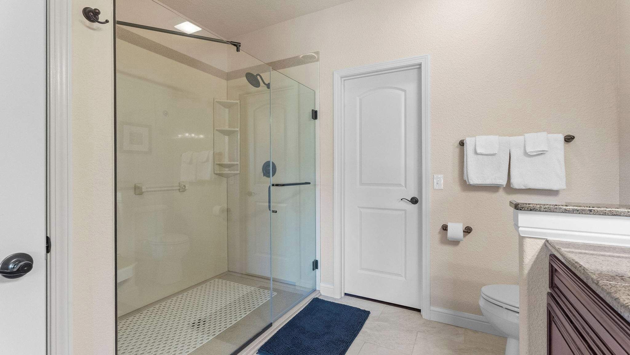 Un baño con cabina de ducha de vidrio, una puerta blanca, un perchero con dos toallas y una encimera de mármol.