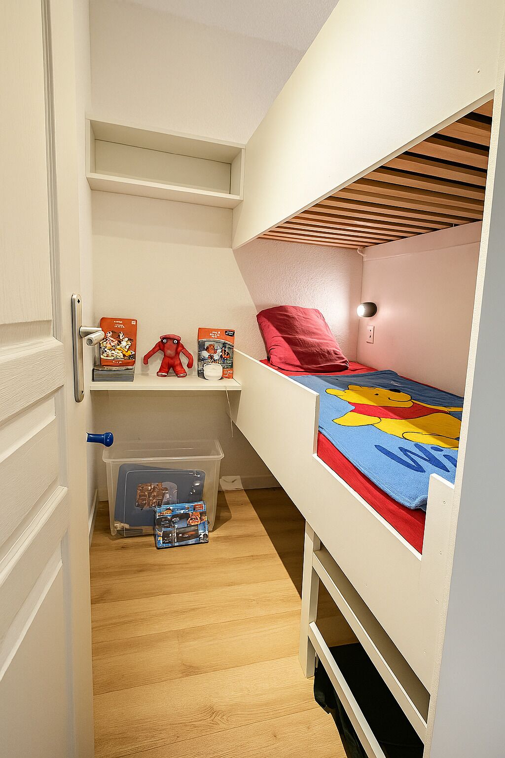 Une chambre avec un lit superposé, un bureau et une étagère.