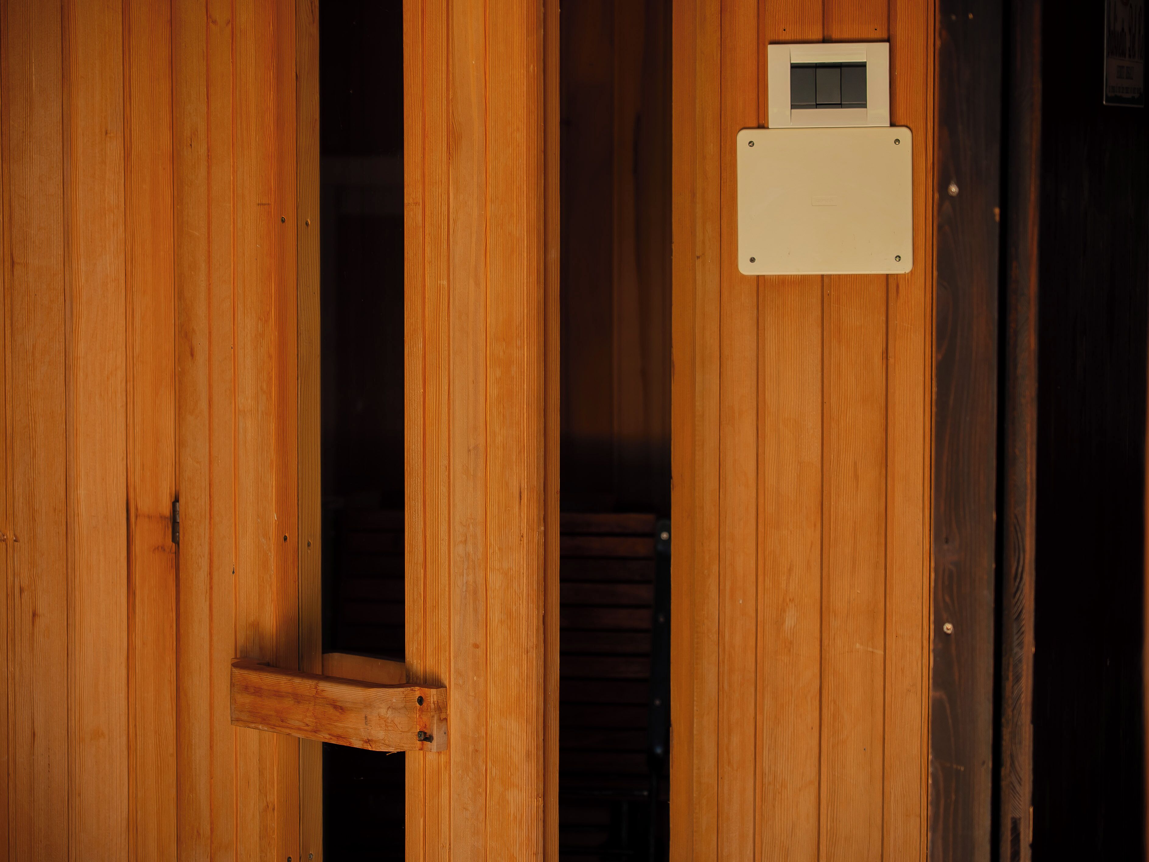 A wooden door with a metal handle and a small electrical box mounted on the wall.