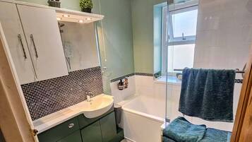 Hair dryer, towels, soap, toilet paper