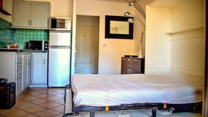 Ein gemütlicher Raum mit Bett, Küchenzeile und Bad.