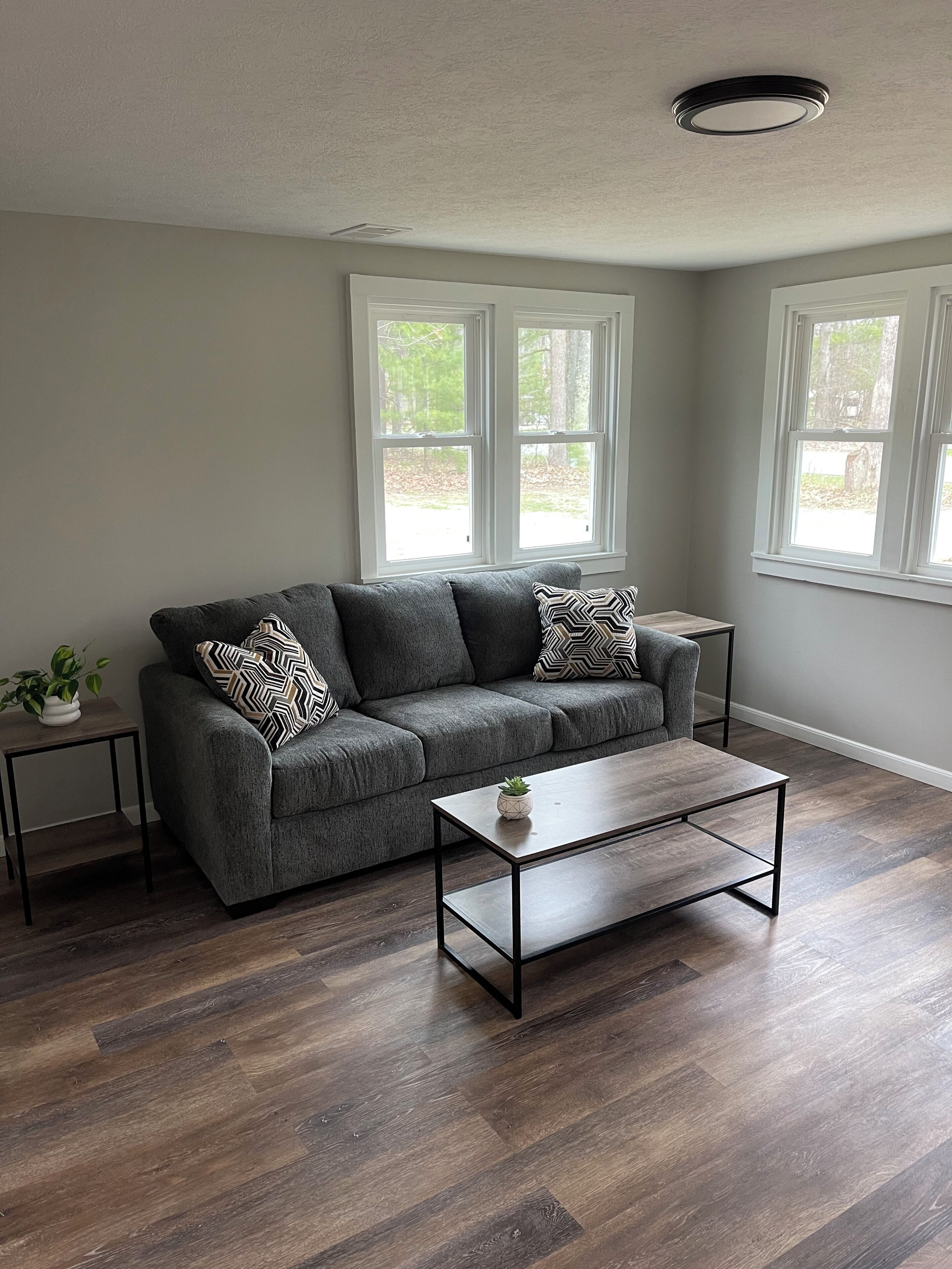 A living room with a grey sofa, two black and white patterned pillows, a small side table with a plant, a coffee table, and large windows with a view of trees.