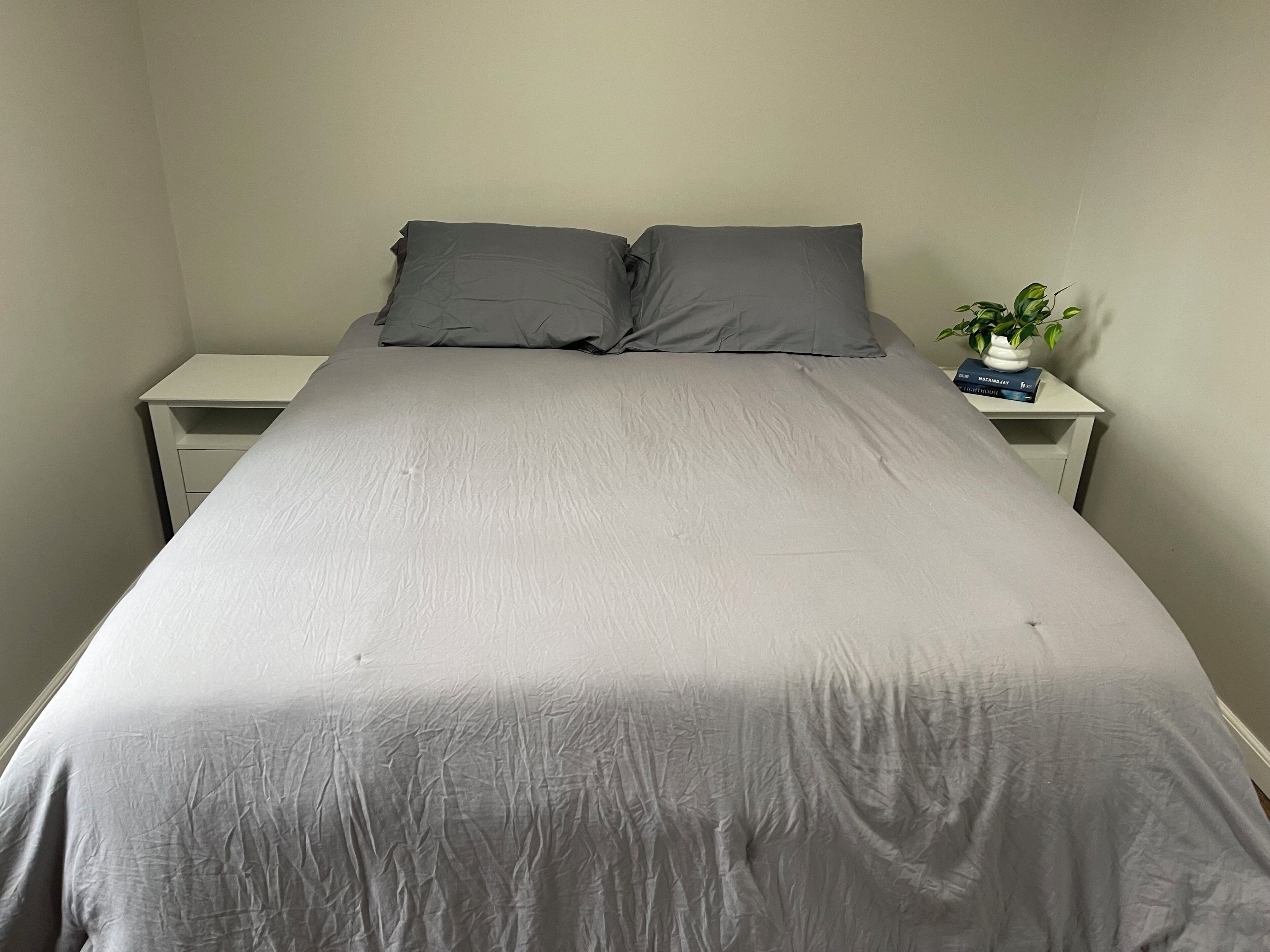 Una cama con colcha gris, dos almohadas, una mesita de noche con una planta y un libro.