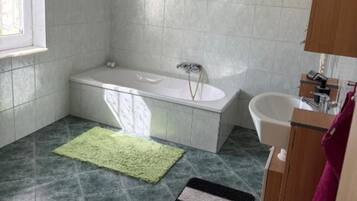 Hair dryer, towels, soap, toilet paper