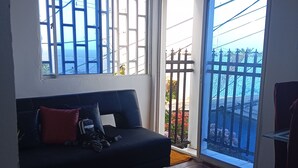 Ein Zimmer mit einem dunkelgrauen Sofa, einem kleinen Tisch und Blick durch ein großes Fenster und eine Tür.
