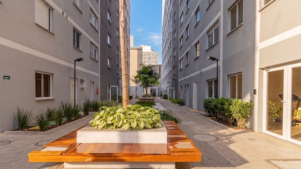 Un patio con maceta central, edificios circundantes y cielo despejado.