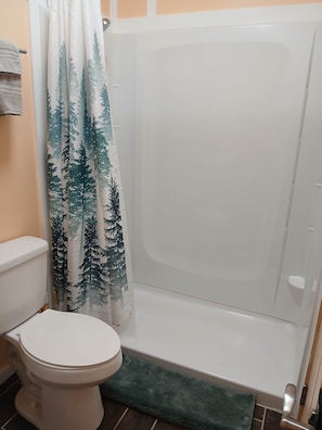 Een badkamer met toilet, een douche met een gordijn met bosmotief, en een groene badmat.