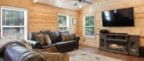 Smart TV, fireplace, DVD player, stereo