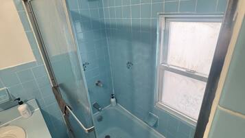 Hair dryer, towels, soap, shampoo