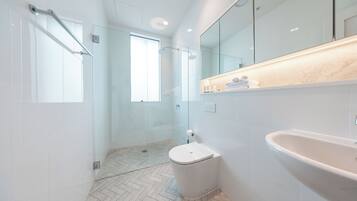 A modern bathroom with a glass shower enclosure, a white toilet, a sink, and a mirror.